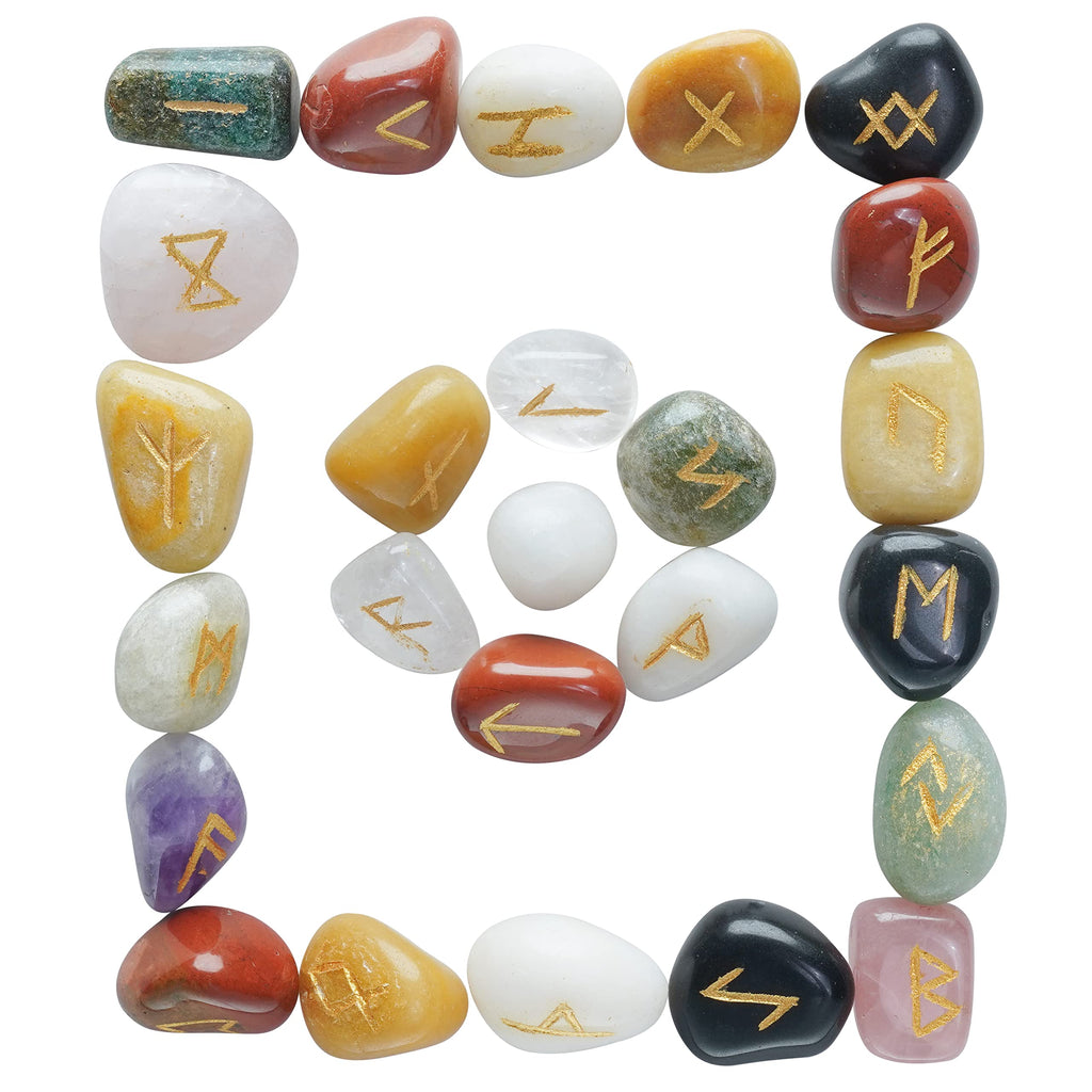 Crocon Mix chakra Rune tumble shape gemstone rune with Elder Futhark Alphabet Engraved | 25 pcs runes set | Crystal Divination Healing Chakra Reiki | with a pouch| Size : 25-30 mm - NewNest Australia