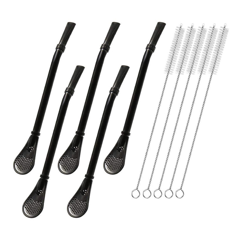 Stainless Steel Straw Filter Spoon, Yerba Mate Bombilla, Loose Leaf Tea Strainer, Tea Straw for Drinking Coffee, Cocktail, Pack of 5 with Cleaning Brush (5 Black) 5 Black - NewNest Australia