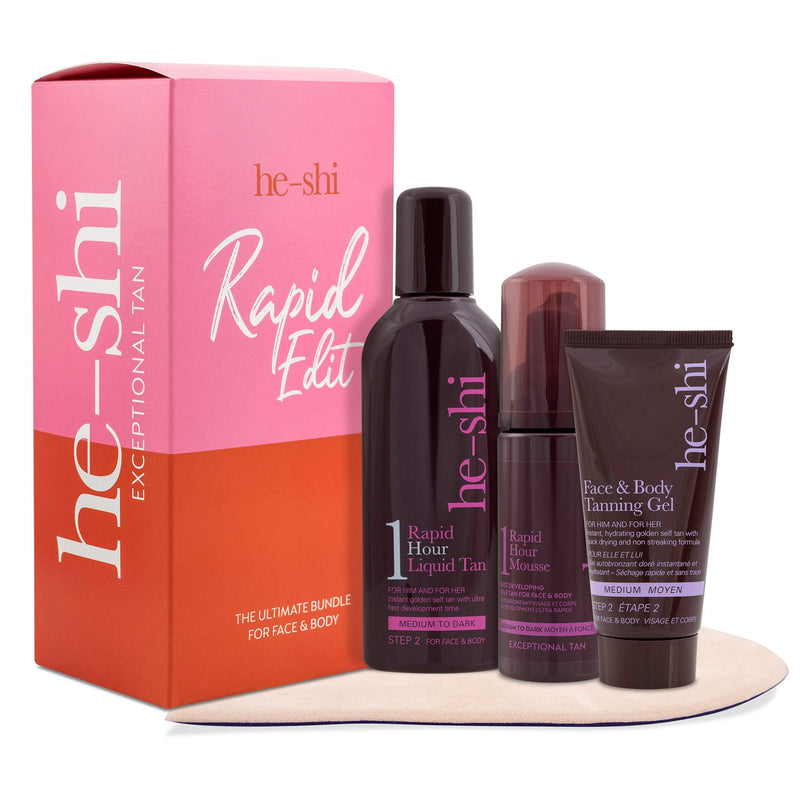 He-Shi Self Tan Set - 4 Piece Tanning Starter Set Includes: 1 Hour Liquid Tan, Face & Body Gel, Rapid Tanning Mousse and Mitt - Beauty Set For Her - 100% Vegan + Cruelty Free Gift Set - NewNest Australia