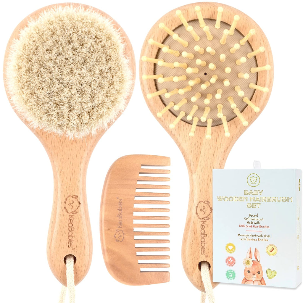 Baby Hair Brush and Baby Comb Set - Wooden Baby Brush with Soft Goat Bristle - Toddler Hair Brush Baby Brush and Comb Set - Baby Brush Set for Newborns - Infant Hair Brush, Cradle Cap (Round, Walnut) Round - NewNest Australia