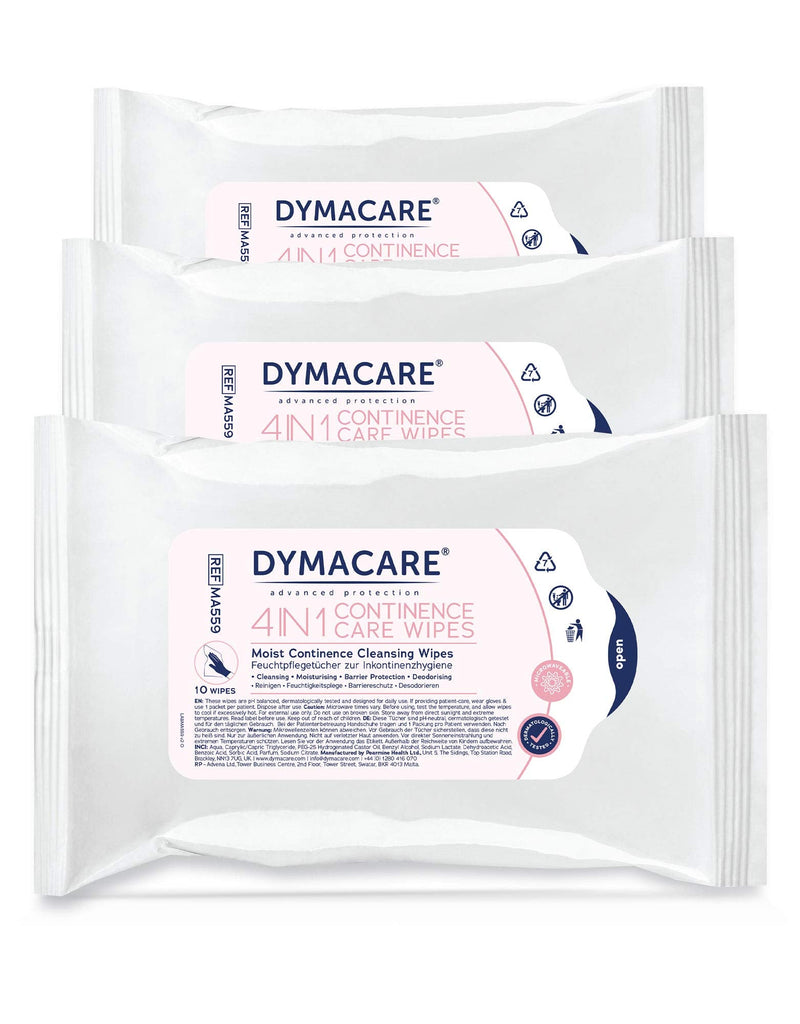 DYMACARE 4 in 1 Continence Care Wipes 10’s | Adult Scented Premium Incontinence Cloths | Skin Cleansing Wipes with Barrier Protection | 3 Packs of 10 Wipes (30 Wipes 3 Packs (30 wipes in total) - NewNest Australia