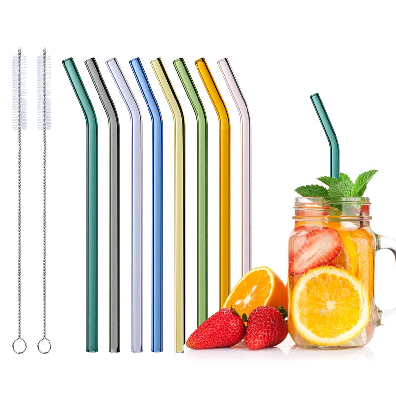 Glass Straws Reusable, 8 Pcs Multicolour Drinking Straw, Bent Glass Drinking Straws with 2 Cleaning Brushes, Eco Friendly Glass Straws for Smoothies Milkshake and Cocktail (19.5cm) - NewNest Australia