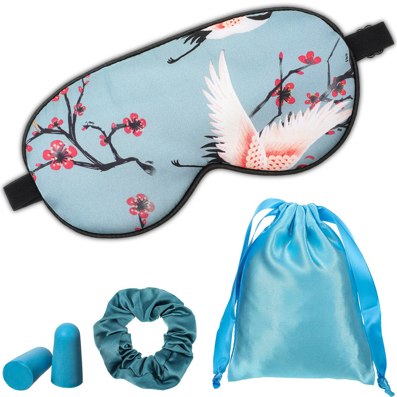 1 Set Sleep Masks with Earplug, Storage Bag and Hair Scrunchies, Silk Sleep Mask Sleeping Eye Mask Eye Cover Crane Pattern Silk Eye Mask with Adjustable Strap for Women Men Night Sleep (Blue Crane) Blue Crane - NewNest Australia