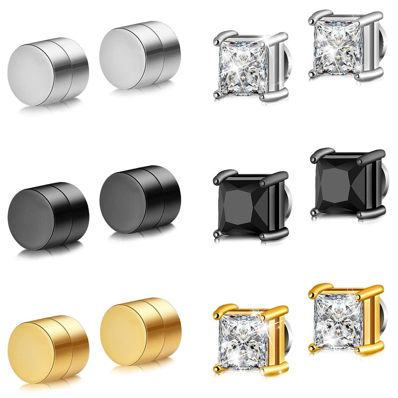 Hicarer 6 Pairs Stainless Steel Magnetic Stud Earrings for Men Women CZ Magnet Earring Non Piercing Clip On Earrings Diamond Cubic Zirconia Plug Silver Black Gold, 6-8 mm - NewNest Australia