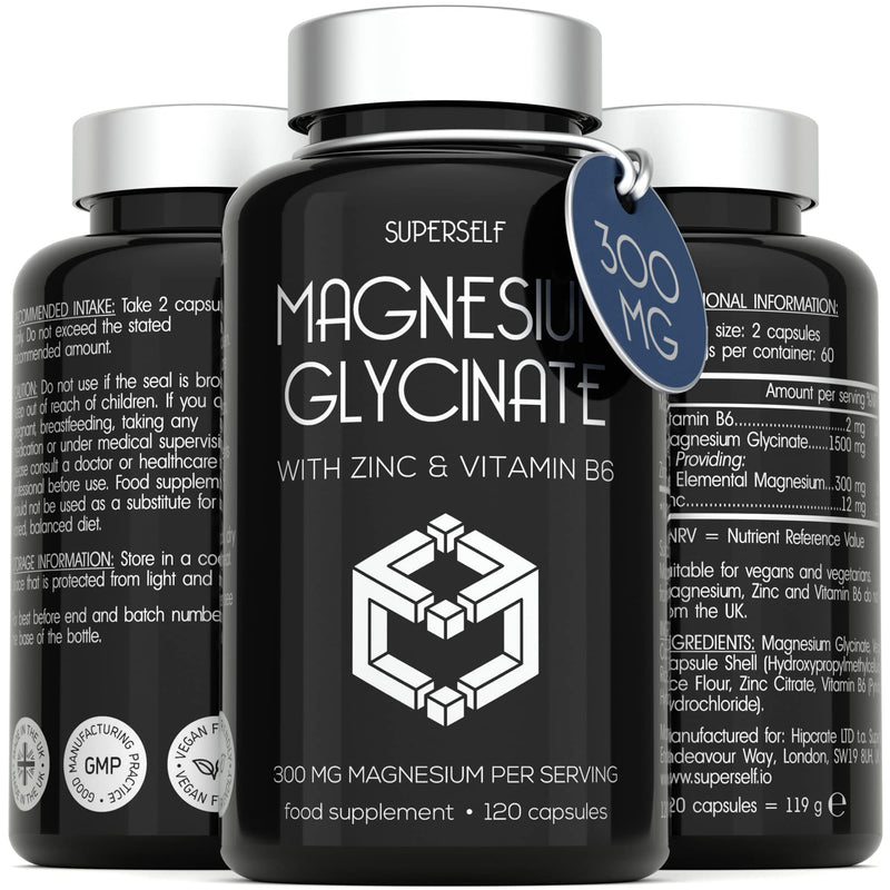 Magnesium Glycinate 300mg Capsules - Magnesium Bisglycinate Supplement with Zinc & Vitamin B6 - High Strength & Absorption - 120 Capsules - Chelated 1500mg Tablets Providing 300mg Magnesium - UK Made - NewNest Australia