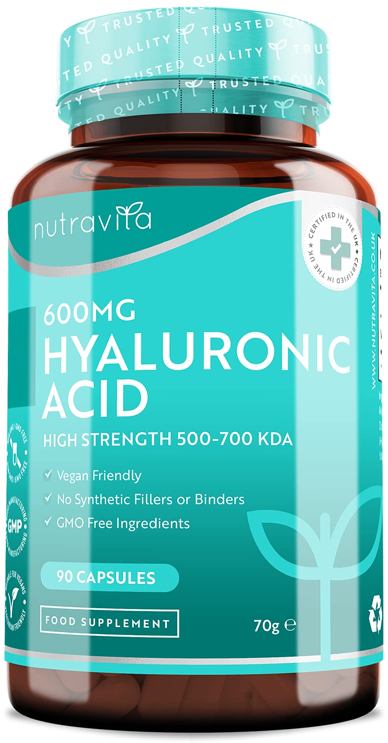 Hyaluronic Acid Capsules - 3 Month Supply of 600mg Hyaluronic Acid Capsules - High Dose with 500-700 KDA - GMO Free with No Synthetic Fillers or Binders - Made in The UK by Nutravita 90 Capsules - NewNest Australia