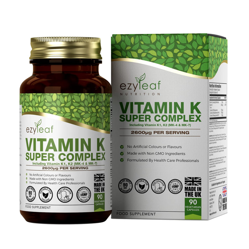Ezyleaf Vitamin K Super Complex | With Vitamin K2 MK7 and Vitamin K2 MK4 | 90 Vitamin K and Vitamin K2 MK-7 Vegan Capsules - 1500μg Vitamin K1 | Non-GMO, Gluten & Dairy Free | Made in the UK - NewNest Australia
