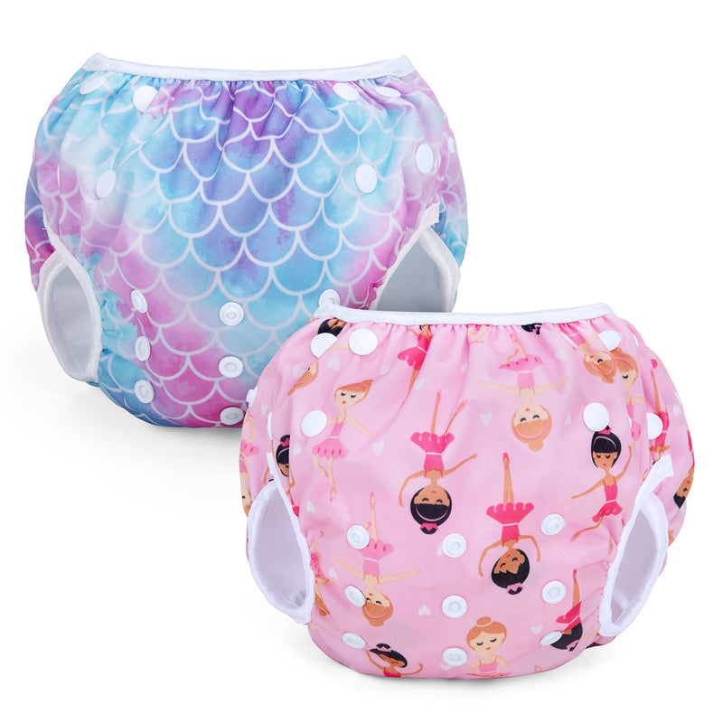 Teamoy Reusable Swim Nappies(Pack of 2), Adjustable Swimsuit Diapers Washable Nappy Covers for Baby Boys & Girls, Ideal for Swimming Lessons/Holiday,Mermaid Scales+Ballet Girls Mermaid Scales+ballet Girls - NewNest Australia