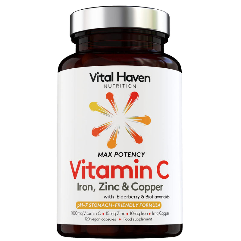 Complex Action Formula: Non-Acid Vitamin C + Iron + Zinc + Copper + Calcium with Citrus Bioflavanoids and Elderberry for Maximum Absorption - Vegan - Premium Ingredients - Made in The UK - NewNest Australia