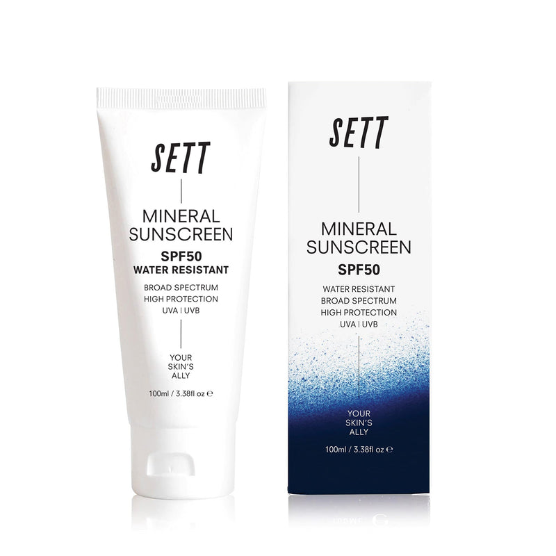 SETT SPF50 Mineral, Reef Safe Sunscreen 100ml. Rubs into skin clear. - NewNest Australia