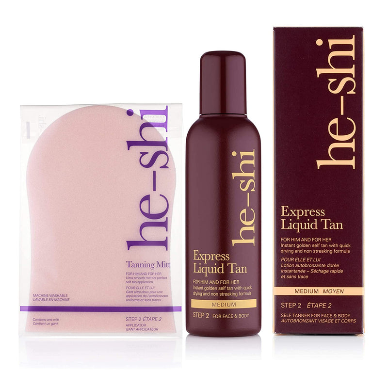 He-Shi Express Liquid Tan & Tanning Mitt Kit - 1 x Express Liquid Tan Instant Fake Tan Liquid, Medium - 1 x Double Sided Fake Tan Applicator Glove - Streak Free Instant Tan & Applicator - 2-Piece Set 2 Piece Set - NewNest Australia