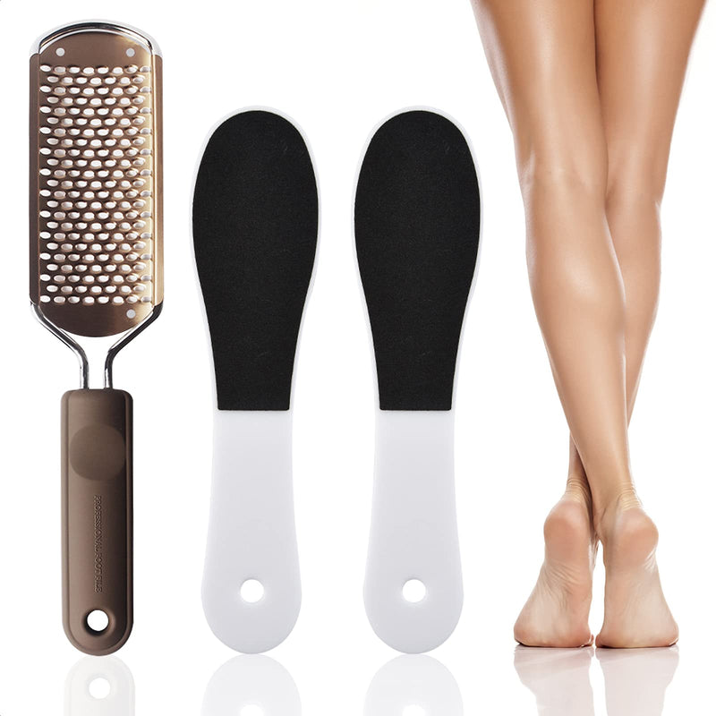 Stainless Steel Foot File, Large Foot Rasp File & 2 Pcs Double-Sided Foot Files, Professional Metal Surface Pedicure File Foot Heel Scraper Dead Skin Callus Remover for Wet and Dry Cracked Feet-Brown Champagne - NewNest Australia