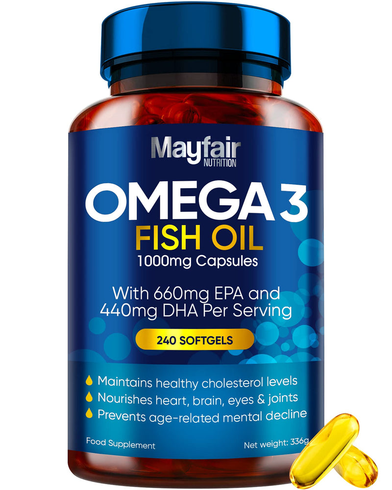 Omega 3 1000mg Capsules - 240 Fish Oil Tablets with 660mg EPA & 440mg DHA per Daily Serving - Supports Heart, Vision, & Brain Health - 4 Months Supply - Made in UK - NewNest Australia