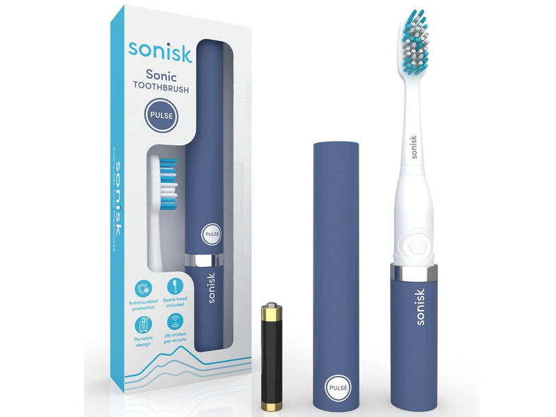 Sonisk Pulse | Battery Powered Electric Toothbrush | Sonic Technology | 1x Battery, 2X Brush Heads, 1x Travel Case Included | 31,000 Strokes Per Minute | Antimicrobial | Portable Size | Steel Blue - NewNest Australia