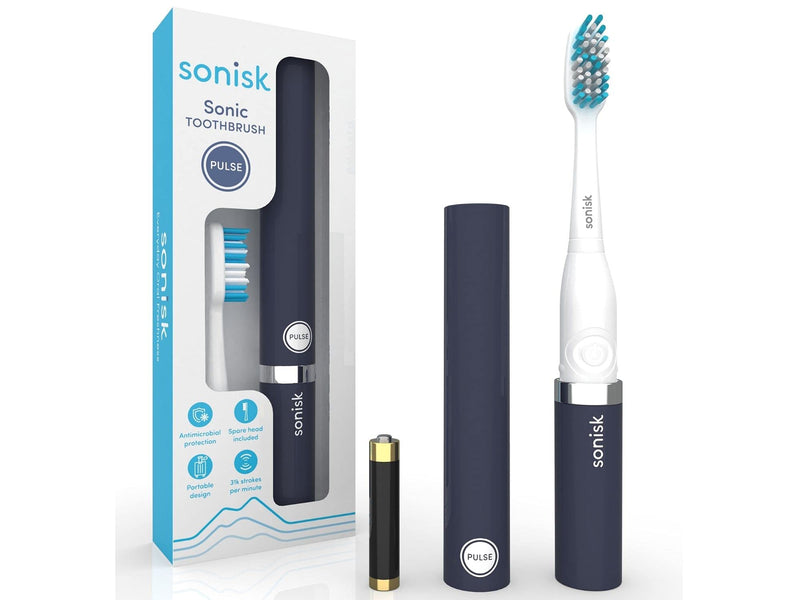 Sonisk Pulse | Battery Powered Electric Toothbrush | Sonic Technology | 1x Battery, 2X Brush Heads, 1x Travel Case Included | 31,000 Strokes Per Minute | Antimicrobial | Portable Size | Matte Black - NewNest Australia