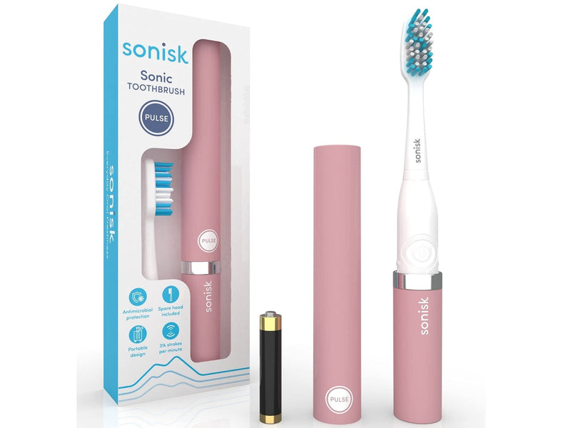 Sonisk Pulse | Battery Powered Electric Toothbrush | Sonic Technology | 1x Battery, 2X Brush Heads, 1x Travel Case Included | 31,000 Strokes Per Minute | Antimicrobial | Portable Size | Dusty Pink - NewNest Australia