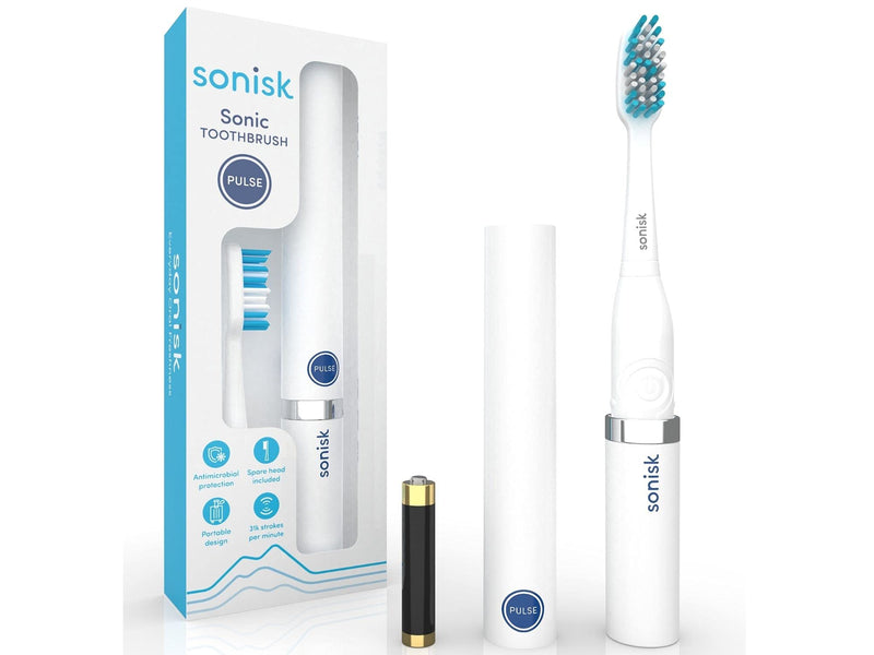 Sonisk Pulse | Battery Powered Electric Toothbrush | Sonic Technology | 1x Battery, 2X Brush Heads, 1x Travel Case Included | 31,000 Strokes Per Minute | Antimicrobial | Portable Size | Pure White - NewNest Australia