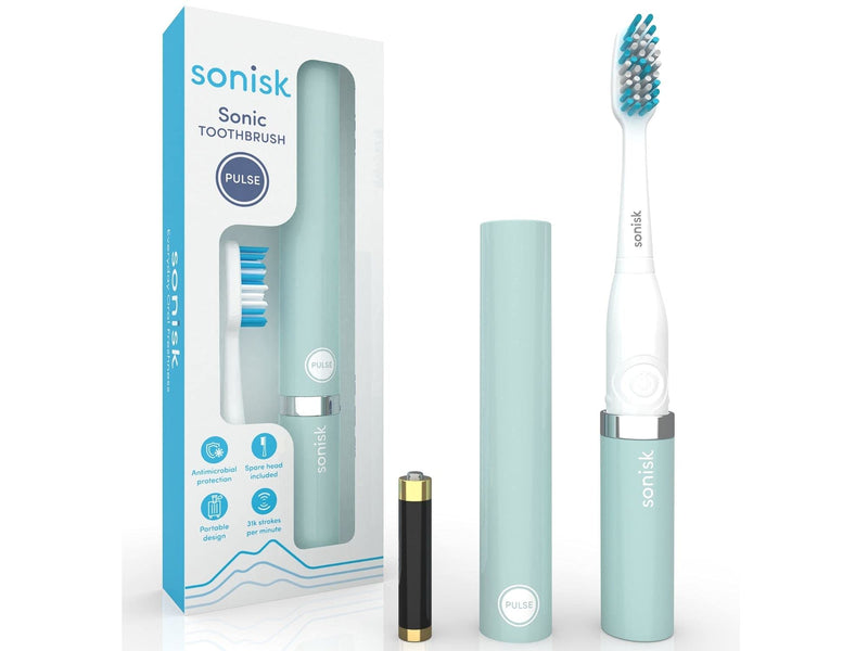 Sonisk Pulse | Battery Powered Electric Toothbrush | Sonic Technology | 1x Battery, 2X Brush Heads, 1x Travel Case Included | 31,000 Strokes Per Minute | Antimicrobial | Portable Size | Teal - NewNest Australia