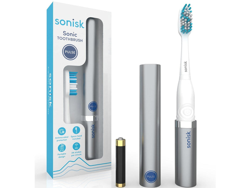 Sonisk Pulse | Battery Powered Electric Toothbrush | Sonic Technology | 1x Battery, 2x Brush Heads, 1x Travel Case Included | 31,000 Strokes Per Minute | Antimicrobial | Portable Size |Metallic Silver Metallic Silver - NewNest Australia