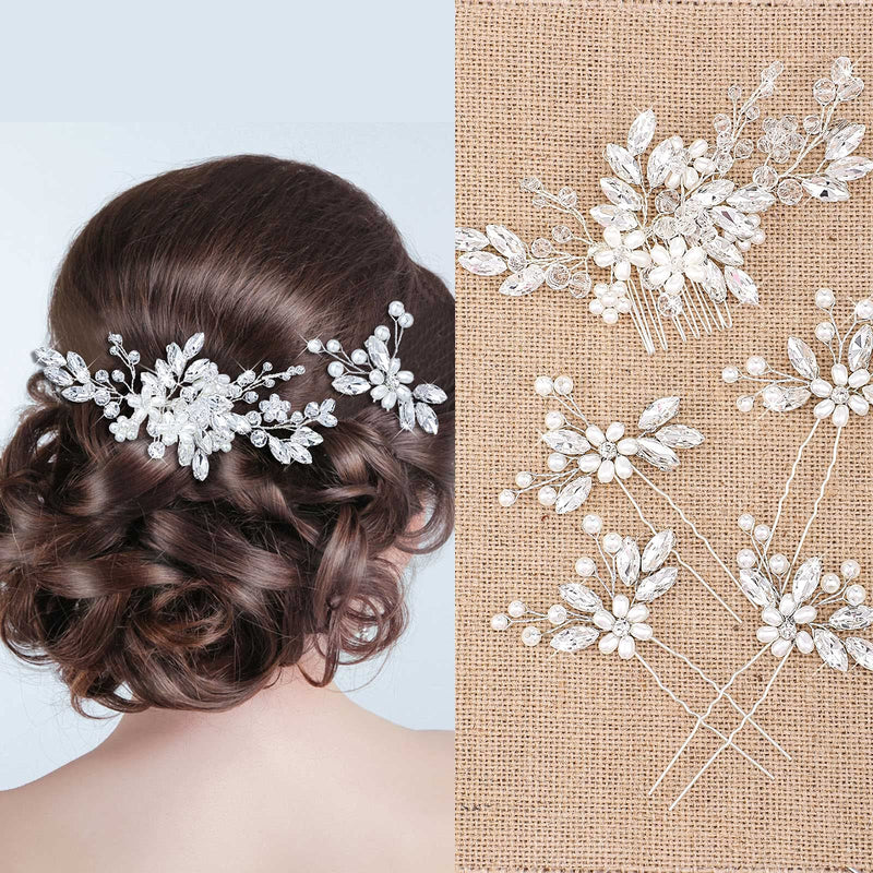 5 Pieces Pearl Wedding Hair Side Comb Crystal Bride Wedding Hair Comb U-shaped Bride Wedding Hair Pins Rhinestone Hair Accessories Pearl Flower Hair Comb for Women and Girls (Silver) - NewNest Australia