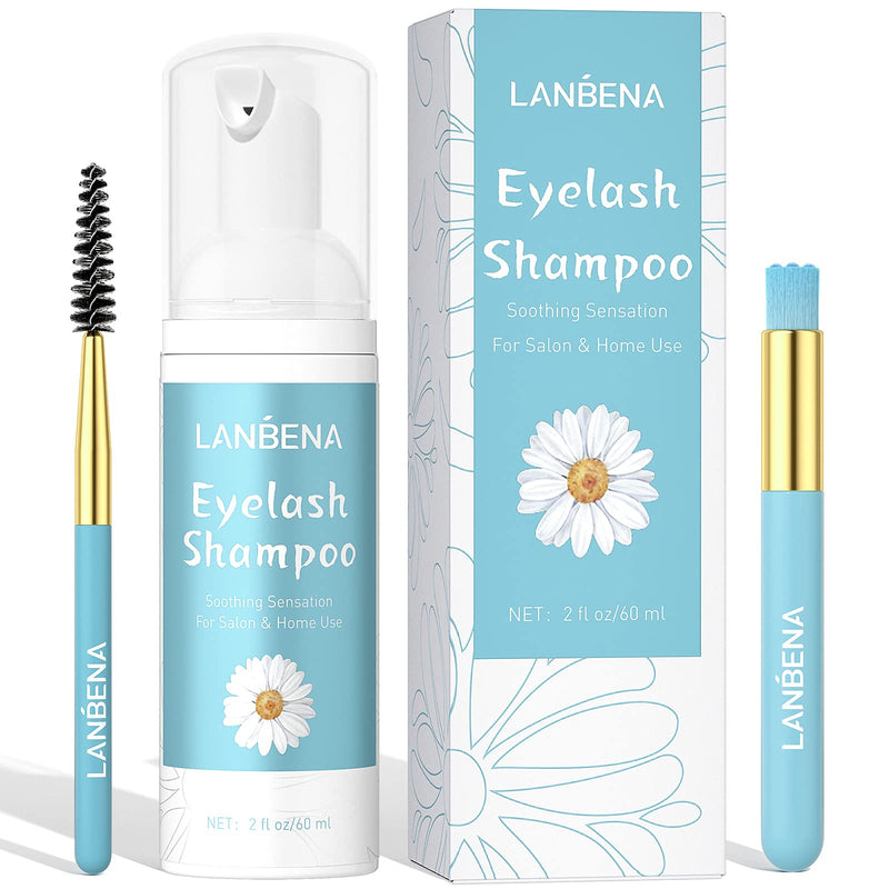 Eyelash Extension Cleanser, Lash Shampoo with 2 Brushes , Eyelash Extension Shampoo, Chamomile Eyelash Foam Cleaner, Paraben & Sulfate & Oil Free for Salon and Home Use (60ml 2 Fl Oz) - NewNest Australia