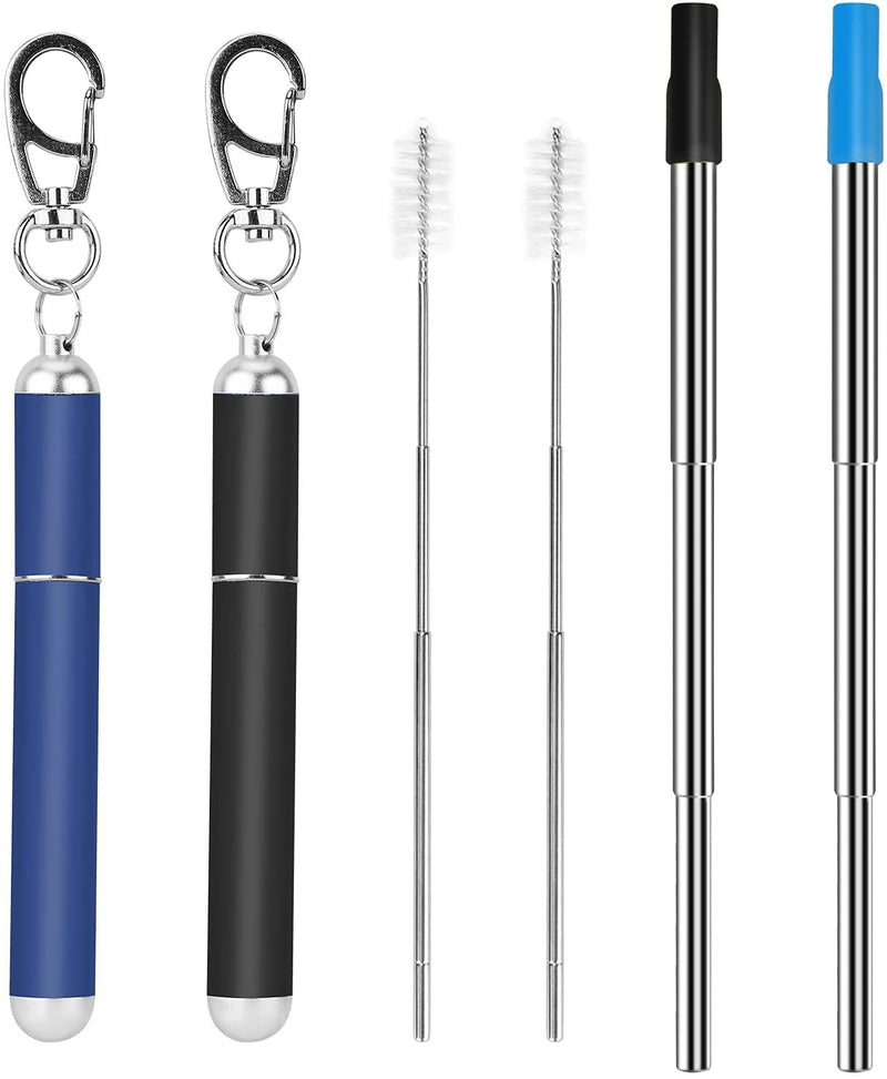 2 Pcs Portable Metal Straws, 3-Section Adjustable Telescopic Straw with Silicone Tips Cover, Aluminum Keychain Case and Telescopic Cleaning Brush, Unique Design for Home Travel(Black & Blue) Black & Blue - NewNest Australia