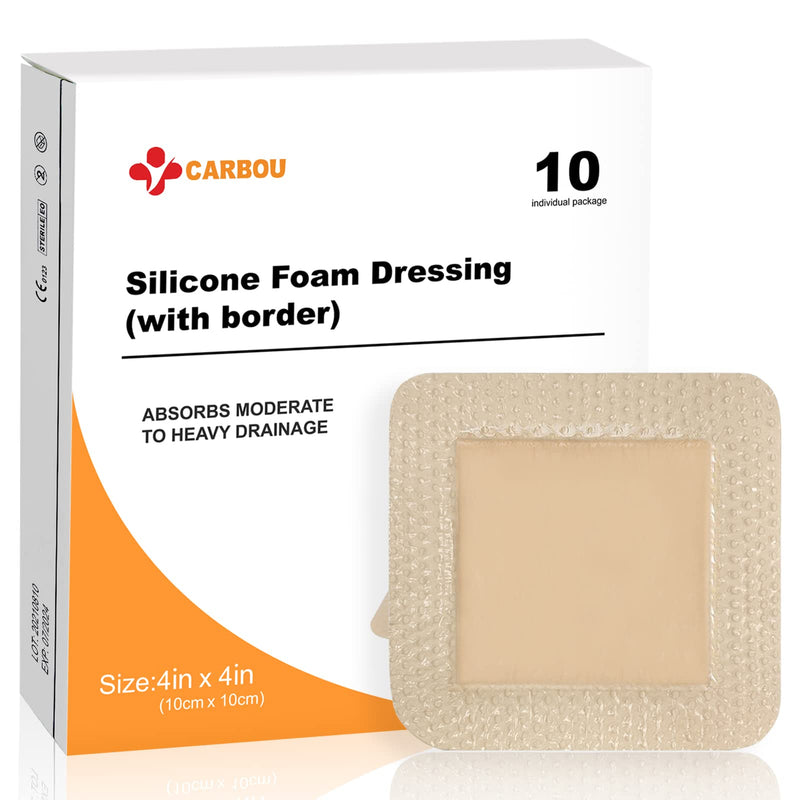 Carbou 10Pcs Silicone Foam Dressing 4"x 4"(10 cm x 10 cm) - with Border Adhesive Waterproof Central Ultra Absorbent-Foam (2.5" X 2.5") Square Dressing Waterproof Silicone Wound Bandage 4x4 Inch(Pack of 10) - NewNest Australia