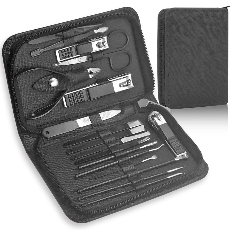 Manicure Pedicure Set -18pcs | Stainless Steel Professional Manicure Pedicure Kit Nail Clipper Set For Men Women | Nail Cutter Set Scissors Grooming Kit With Pu Leather Zip Case For Travel(Black) Silver Black-18Pcs - NewNest Australia
