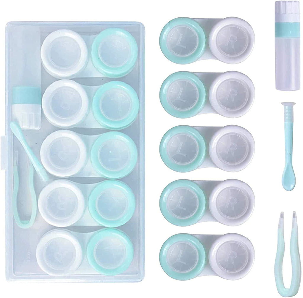 Contact Lens Box, 5 Pairs Contact Lens Container, Contact Lens Case, Contact Storage Box, Left/Right Eyes Contact Holders, Contact Solution Refill Bottle, Contact Lens Plunger and Tweezers (Green) Green - NewNest Australia