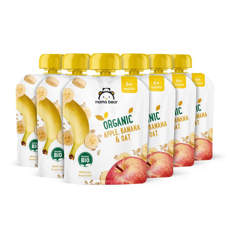 Amazon Brand - Mama Bear Fruit and Cereal Pouch Organic Apple and Banana Puree with Organic Apple Juice and Organic Oat Flour, 6 x 90g Apple, Banana & Oat - NewNest Australia