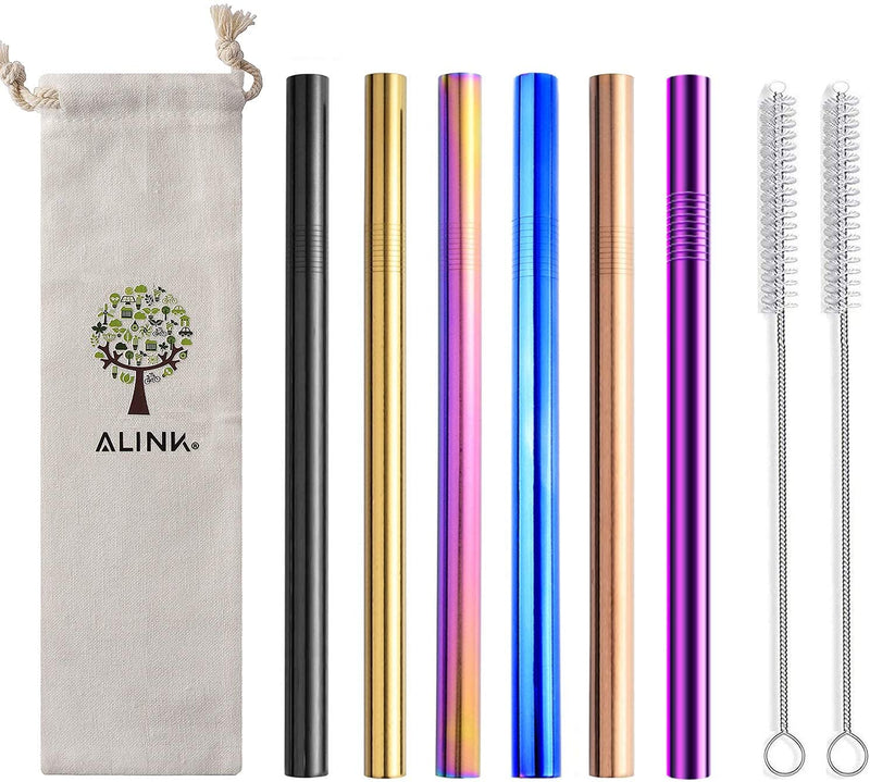 ALINK Extra Wide Metal Reusable Straws, Stainless Steel Drinking Straws 6 Set - Boba Smoothie Straws, 12mm Rainbow Jumbo Bubble Tea Straws with 2 Cleaning Brush & Carrying Case - NewNest Australia