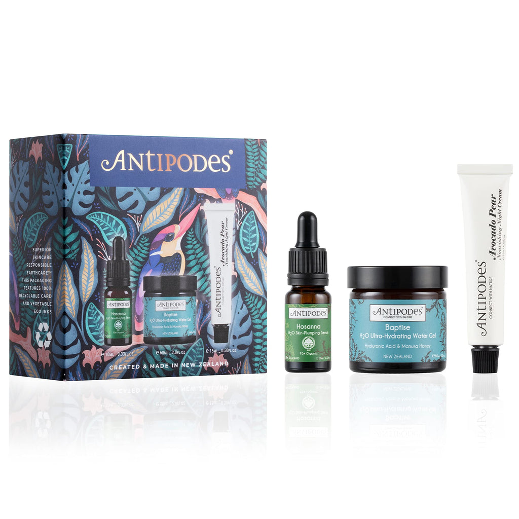 Antipodes Fresh Skin Favourites Skin Care Gift Set – Hydrate Skin – Hyaluronic Acid Moisturiser 60ml – Collagen Boost Serum 10ml – Anti Aging Cream 15ml – Dry Skin - NewNest Australia