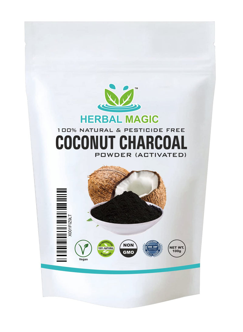 Herbal Magic Pure Coconut Charcoal Powder Food Grade Quality - Excellent Detoxifying and Cleansing Properties - Teeth Whitening, Acne Removal Natural Charcoal (100G, Charcoal Powder) 100 g (Pack of 1) - NewNest Australia