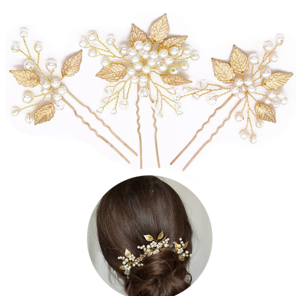 Wedding Hair Pearl Pins Bridal Leaf Head Piece, Flower Hair Accessories Rhinestone Hair Clips for Wedding, Pearl Bobby Pins Bride Hair Piece for Women and Girls(Pack of 3 with Box) (Gold) Gold - NewNest Australia