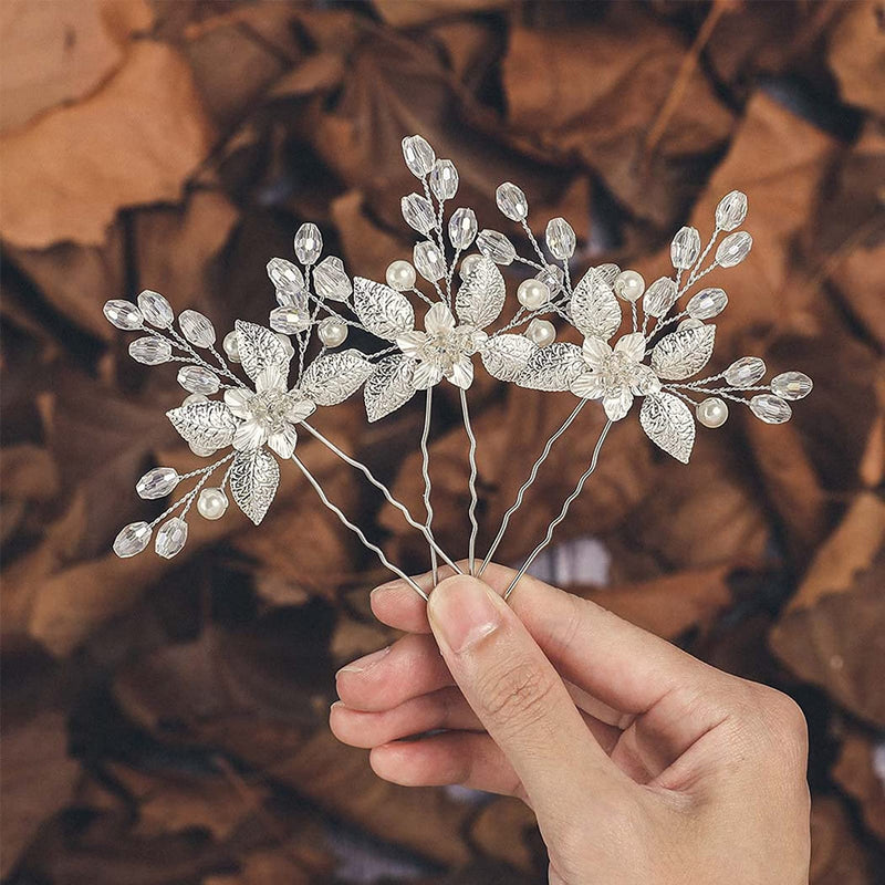 3 PCS Bride Wedding Hair Pins Clips Silver Crystal Leaf Flower Pearls Headpieces Bridal Hair Jewelry Accessories for Women, Girl, Lady, Party Wedding Prom - NewNest Australia