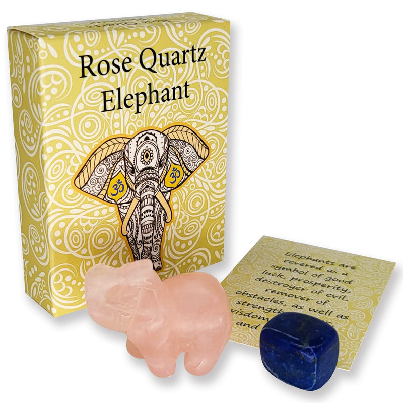 Crystal Elephant in Rose Quartz with *Extra* Chakra Crystal, Meaning Card & Gift Box. Tiger’s Eye, Turquoise, Amethyst, Lapis Lazuil, Clear Quartz or Other Crystal Included. 1½ Inch Ornament Figurine. - NewNest Australia