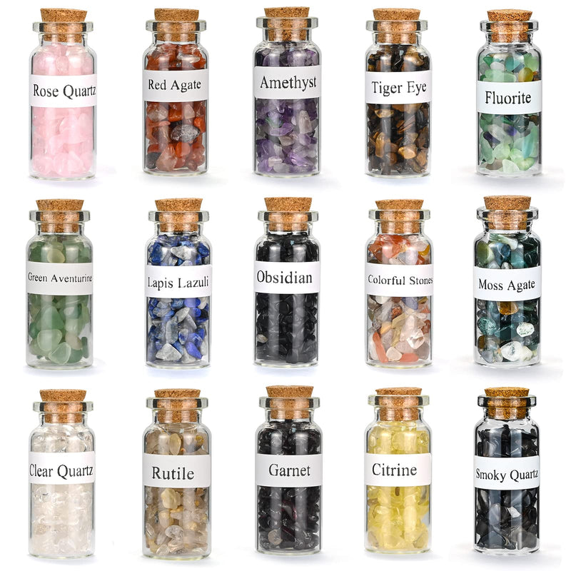 15Pcs Crystals Gemstone Bottles Set, Healing Crystal Tumbled Stones Collection Kit Natural Quartz Gravel Wishing Bottle, Reiki, Healing, Meditation, Chakra Balancing Ritual 15 Colors - NewNest Australia