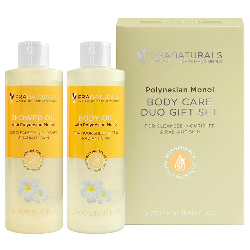 Pranaturals Body Oil & Shower Oil Duo Set (2x250ml) with Polynesian Monoi - Cleanser Body Wash Moisturiser for All Skin Types - Natural Formula - Vegan and Cruelty Free - NewNest Australia