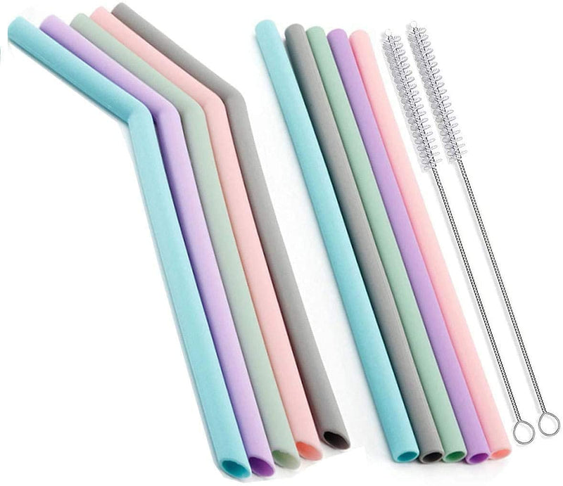 ALINK 10 Pcs 10mm Wide Reusable Silicone Drinking Straws, 10'' Extra Long Flexible Straw for 20oz 30oz Tumblers Smoothies Coffee-Bpa-Free - No Rubber Tast(5Bent+5Straight+2Cleaning Brushes) - NewNest Australia
