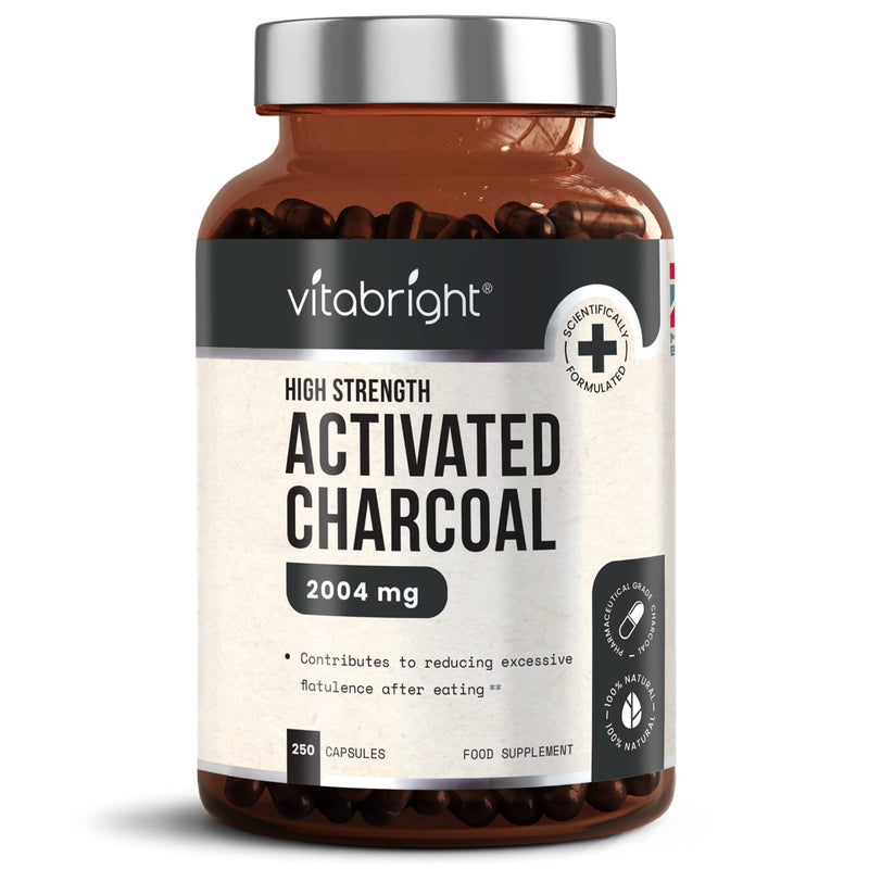Activated Charcoal Capsules - 250 Capsules - 2004mg per Serving of 6 Capsules - from Natural Coconut Shell - for Indigestion, Bloating, Excessive Flatulence, Gas - Vegan - Made in UK by VitaBright - NewNest Australia