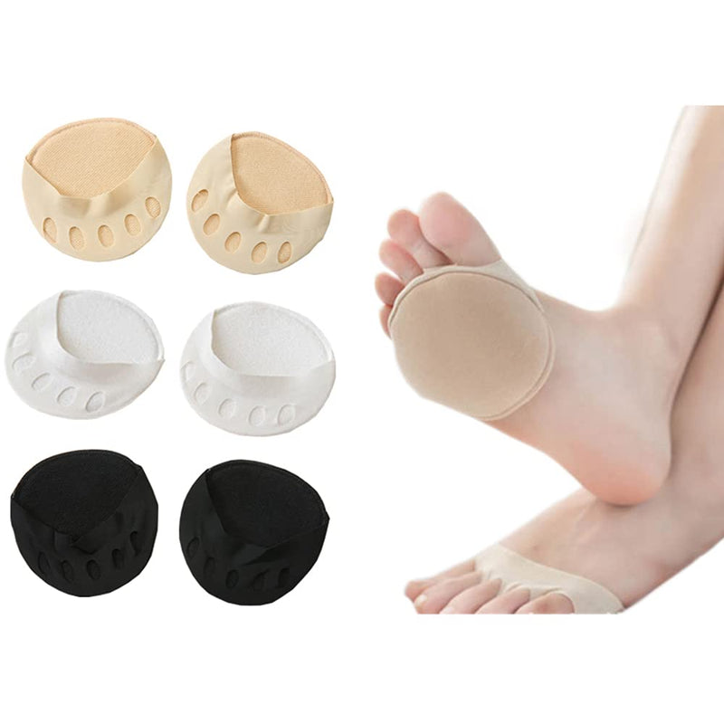 Foot Pads(3pairs) Reusable Soft Ball of Foot Cushions Forefoot Pads for Women Prevention Pain Relief Honeycomb Fabric Foot Pads Toe Socks, 5 Toes, Sweat Absorbent, Non-Slip, Foot Cover, Inner Socks Black White Apricot - NewNest Australia