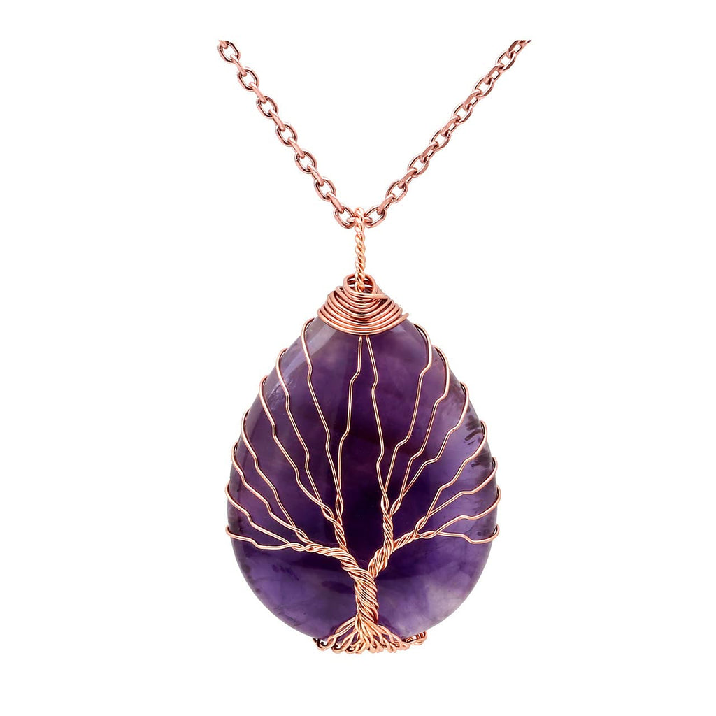 Jovivi Vintage Tree of Life Wire Wrapped Copper Teardrop Natural Gemstones Crystal Healing Stone Pendant Necklace Women Jewellery Gifts Amethyst Crystal(bronze Tree) - NewNest Australia