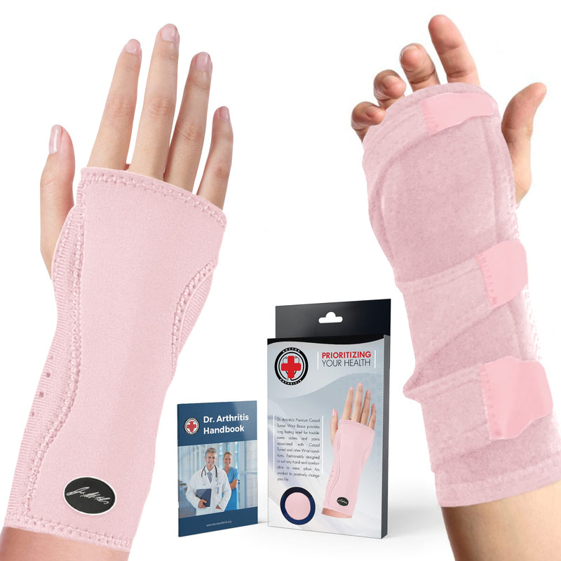 Doctor Developed Premium Carpal Tunnel Night Wrist Brace & Support [Single] (with splint) & Doctor Written Handbook - Fully Adjustable with Comfort Padding (Pink) Pink - Single with Splint - NewNest Australia