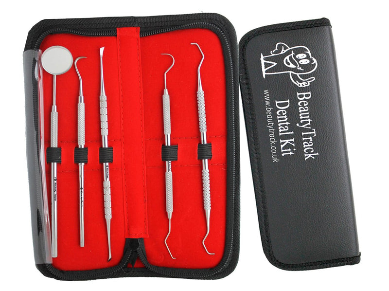 BeautyTrack 5pc Dental Care Kit with Instruction Booklet,Top Class Stainless Steel Plaque and Tartar Remover Set for Teeth Cleaning Contains,Eraser,Scraper,Mirror,Probe,Picks Storage Travel Gift Case - NewNest Australia