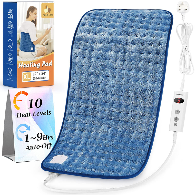 Electric Heat Pad for Back Pain Relief, Heating Pad with Auto Shut Off in 90 min, 10 Heat Level Settings, Fast Heated Pad 100% Comfortable Polyester, Machine Washable, Mia&Coco 12"x24" (30x60cm) Blue - NewNest Australia