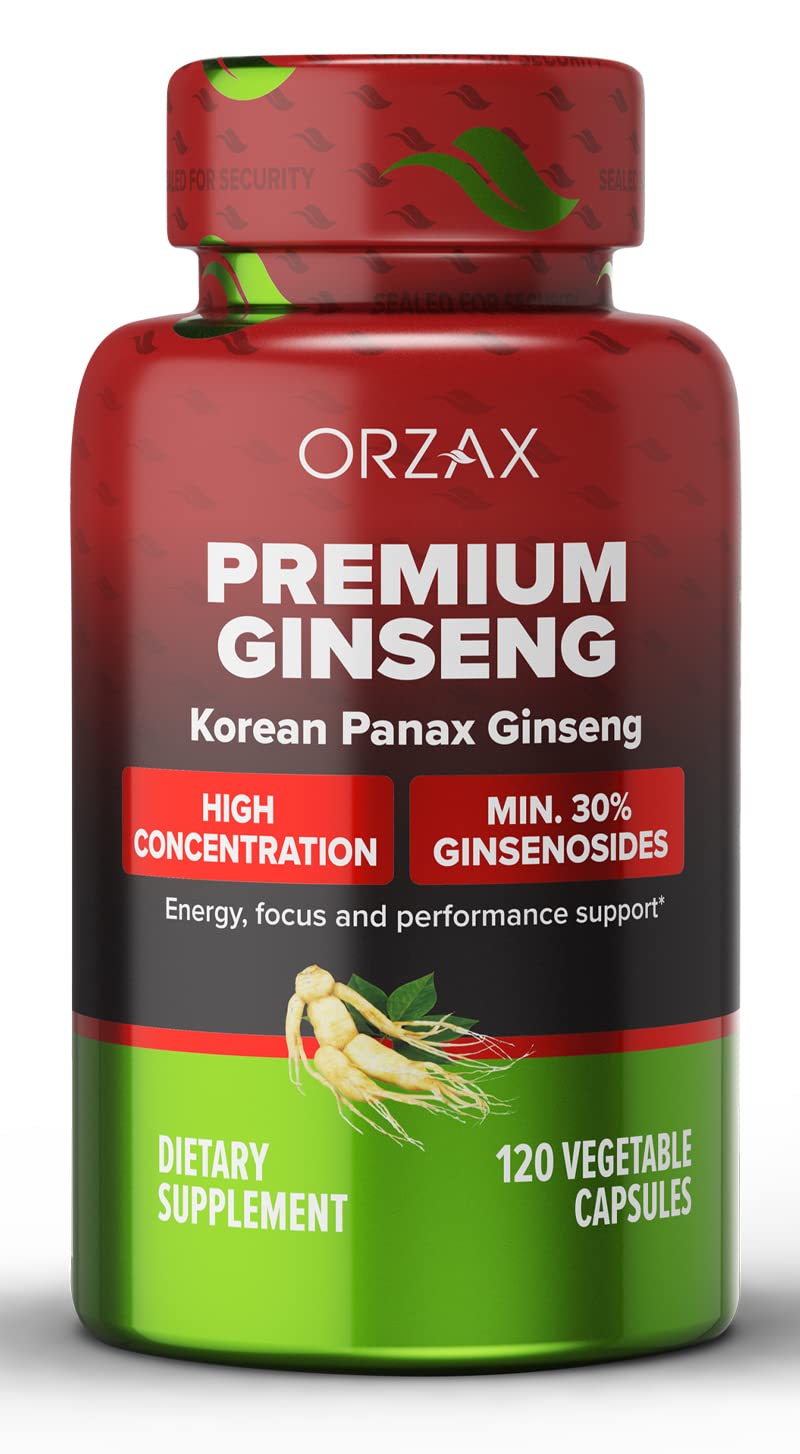 ORZAX Ginseng, 30% Ginsenosides, Premium 120 Vegetable Capsules, Panax Ginseng 1000 mg, Korean Red Ginseng for Energy Boosting, Support Focusing and Performance, Gluten-Free Energy Supplement - NewNest Australia
