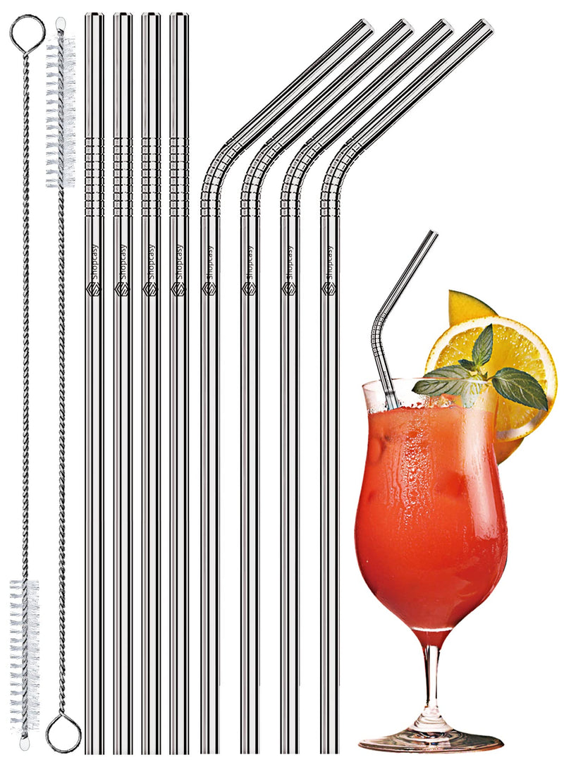 Set of 8 Metal Straws Drinking (4 Straight + 4 Bent + 2 Cleaners), 8.5” Eco-Friendly Reusable Straws FDA BPA Free Stainless Steel Drinking Straws for Tumbler, Cocktail with Travel case (Silver) - NewNest Australia