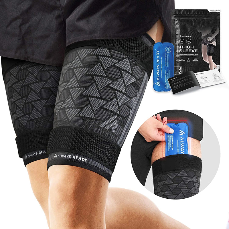 Always Ready, Thigh Compression Support Sleeve (2 Per Pack) with Hot & Cold Gel Pack for Hamstring & Quadricep Muscle Strains & Injury, Men & Women, Two Adjustable Compression Straps, Non-Slip (XS) XS - NewNest Australia