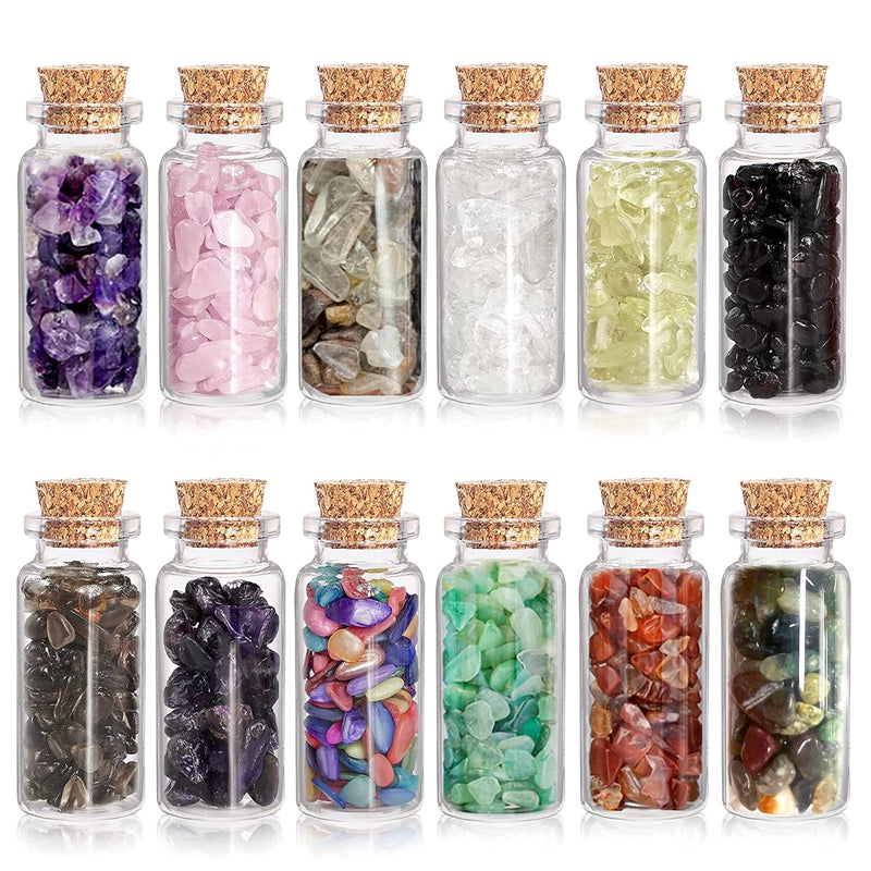 12pc Glass Wishing Bottles Healing Crystals, Basicon Tumbled Reiki Gemstones Natural Quartz Gravel Crystal Chips Stones Beads Set Wicca Stones Set or Meditation Jewelry Making Home Decoration - NewNest Australia