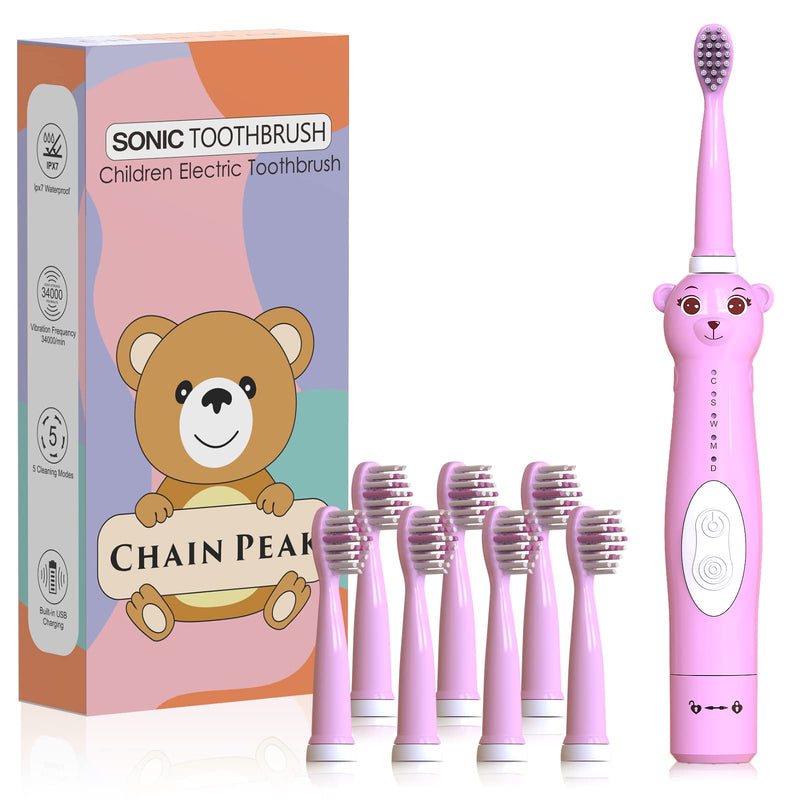 CHAIN PEAK Kids Sonic Electric Toothbrush, Cute Bear Rechargeable Toothbrush for Children, Boys Girls Age 3-12 with 30s Reminder, 2 Min Timer, 5 Modes, 8 Brush Heads, Bear Toothbrush Pink+8 Heads - NewNest Australia
